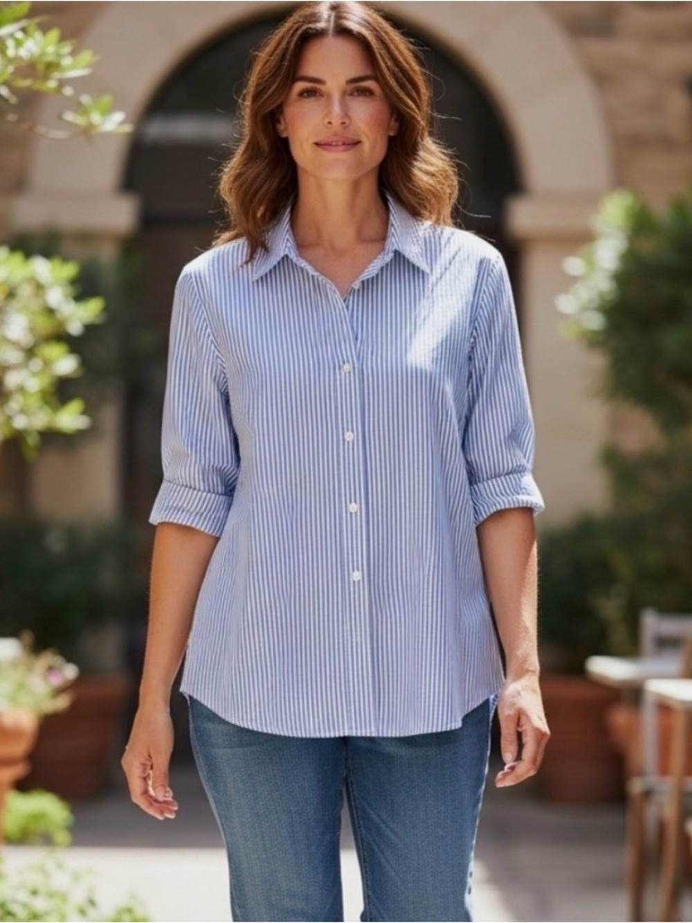 Liz Claiborne Three-Quarters Sleeve Blue Striped Button-Up Shirt